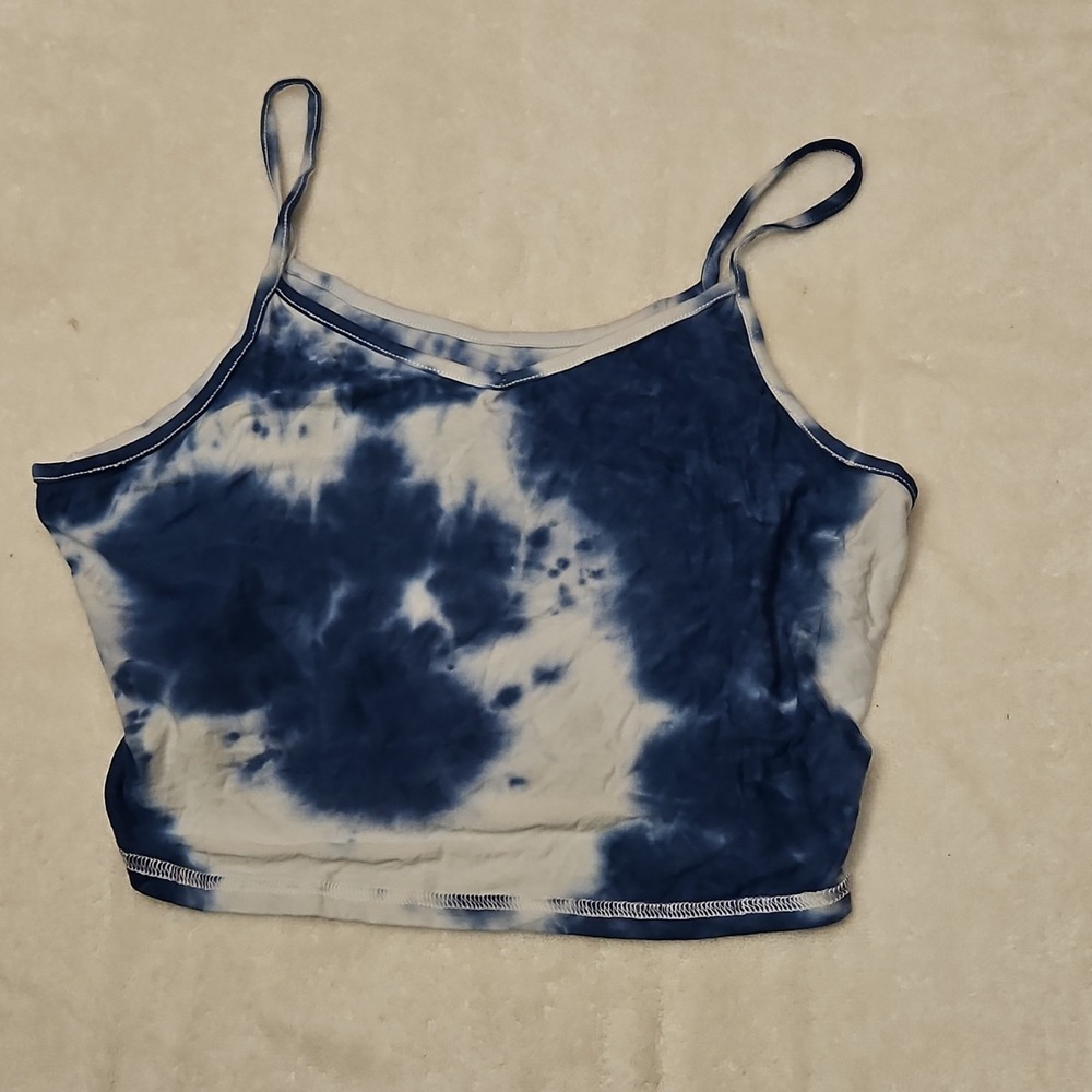 PrinStory Blue‎ White Knit Scoop Neck Spaghetti Strap Tie Dye Cropped Tank 2XL